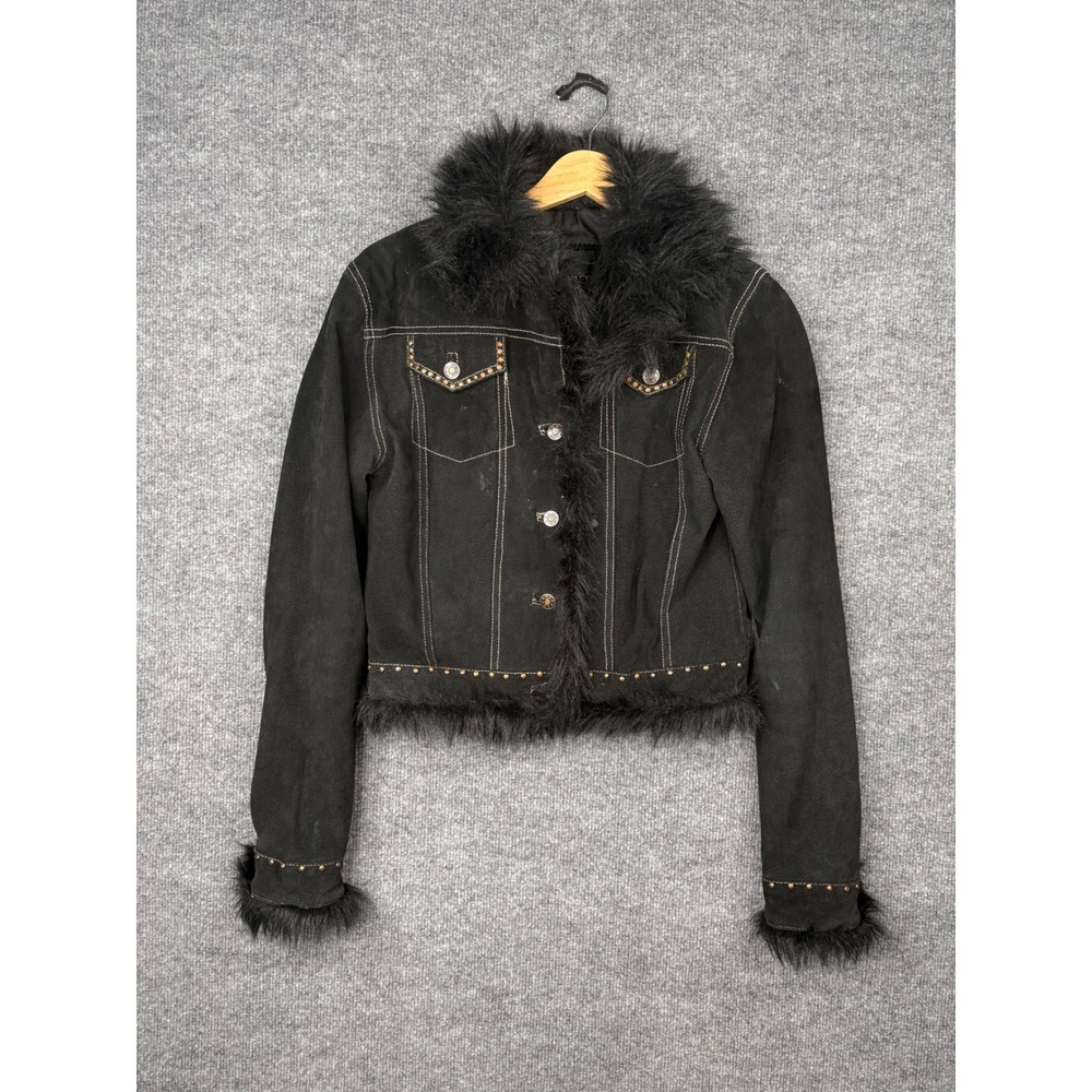 Oscar Piel Women Black Leather Faux Fur Trim Studded Western‎ Jacket Size M